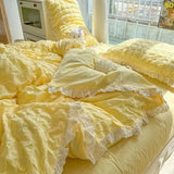 Triogift  Korean Princess  Bedding Set Duvet Cover Ins Style Wash Cotton Solid Color Summer Soft Bed Sheet Set Comforter Set Quilt Cover