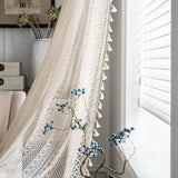 Triogift Boho Chic Crochet Geometry Knitted Window Curtains Farmhouse Retro Beige Drape Simi Sheer Curtain for Bedroom Living Room