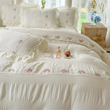 Triogift Korean Style Bed Set Seersucker Flower Embroidery Four Piece Set With Lace Bed Flat Sheet Pillowcase Duvet Cover Set Textiles