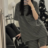 Triogift Striped Women Pajamas Sets for Home Summer Button Sleepwear Shorts Sleeve Bow 2 Pieces Night Wears Korean Casual Home Suit