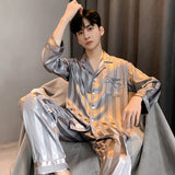 Triogift  Men's Pajama Summer Long-sleeved Ice Silk New High Quality Stain Sleepwear Suit Home Clothes Male Night Wear Pyjamas Gentlemen