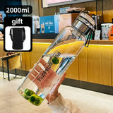 Triogift  -  Sports Glass Water Bottle 2L Capacity Free Cup Cover (with Shoulder Strap)  Portable Leak-proof Drinking Stainless Steel Lid