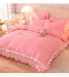 Triogift  Pink Princess Girls Ruffle Lace Bedding Sets Luxury Quilt Cover Bed Sheet and Pillowcases Soft Bedclothes Decor Home