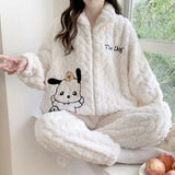 Triogift  New Sleepwear Women's Winter Fleece Cartoon Sweet Cute Girl Pajamas Princess Style Jacquard Plush Thick Sets Loungewear