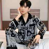 Triogift  Fashionable Luxury Spring Ice Silk Men's Pajamas Long Sleeve Pants Thin Pyjamas Summer Youth Homewear Set Sleepwear-set Male