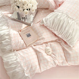 Triogift Korean Style Princess Bedding Set Luxury Pink Lattice Duvet Cover Ruffles Lace Bedspread Bed Sheet Pillowcases