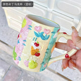 Triogift  -  Korean Ins Niche Design Ceramic Water Cup Cartoon Cute Hand-painted Patch Plaid Mug Heat-resistant Home Milk Cup with Handle