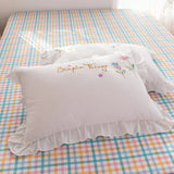 Triogift  white pastoral style flowers Embroidered Ruffle Cotton Bedding Set Duvet Cover Bed Linen Fitted Sheet Pillowcases Home textiles