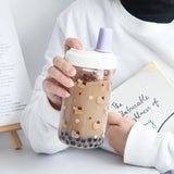 Triogift Kawaii Cat Bubble Tea Glass Water Bottle With Straw PU Sleeve Cute Boba Coffee Milk Cups Portable Girl Drinking Bottle