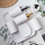 Triogift  -  White Ceramic Bathroom Five-piece Set of Simple Relief Pattern Toothbrush Cup Emulsion Bottle Soap Dish Bathroom Accessories New