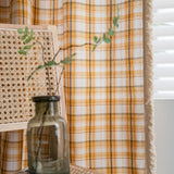 Triogift American Style Cotton Linen Plaid Curtains Bedroom Curtains with Tassel Semi-shading Kitchen Valance Drapes for Living Room