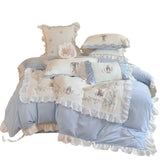 Triogift  Embroidered Milk Fiber Vintage Rabbit Four-Piece French Girl Heart Embroided Bed Sheet Quilt Cover