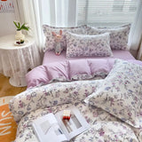 Triogift Purple Flowers Bedding Sets Brushed Washed Cotton Bed Set Flat Sheet Pillowcases Quilt Cover Flowers Bed Linen Duvet Covers