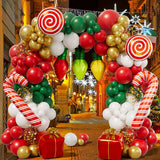 Triogift Christmas Balloon Garland Arch Kit Red Green Gold Balloons Christmas Party Gift Box Candy Cane Foil Ballon Xmas Party Decoration