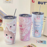 Triogift  -  Kawaii Cat Thermos Cups Tumbler For Hot Cold Coffee Tea Cute 550ml Sainless Steel With Straw Insulated Thermal Cup Water Bottle