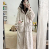 Triogift  Pocket Robe for Women Sleepwear Winter Nightdress Night Wears Warm Fleece Pajama One Piece Nightgown Hooded Sleeping Homewear