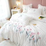 Triogift Lace Ruffles Bedding Set Luxury Cotton Flower Embroidery Bedclothes Girls Full Size Quilt Cover Sets Queen King Bed Linen Sets