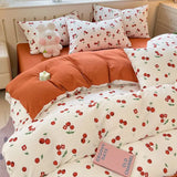 Triogift Cute Korean Heart Duvet Cover Set with Flat Sheet Pillowcase Twin Queen Girls Women Home Decor Floral Bedding Linen No filler