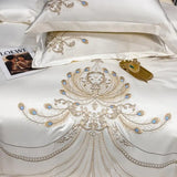 Triogift  Golden Feather Embroidery Bedding Set Luxury Pearl White Satin Cotton Bedclothes Duvet Cover Bed Sheets Set Pillowscases