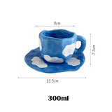 Triogift  -  Hand painted blue sky and white clouds Coffee cup dish set ceramic cup Mug milk breakfast cup cute cup  coffee mugs  teacup