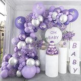 Triogift Macaron Purple Balloons Garland Arch Kit Metallic Purple Silver Latex Balloon Birthday Party 3D Butterfly Background Decoration