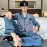 Triogift  High Quality Pajamas Men's Spring Summer Long-sleeved Pyjamas Male Thin Ice Silk Home Clothes Satin Suit Sleepwear Set Nightwear