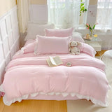 Triogift Korean Princess Style Duvet Cover Set No Filling Pink Blue Soft Washed Cotton Girls Favorite Ruffles Bed Linen Pillowcases