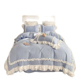 Triogift  Elegant Lace Bedding Sets Luxury Bed Linen Princess Washed Cotton Ruffle Duvet Cover Bed Sheet and Pillowcases for Girl Luxury