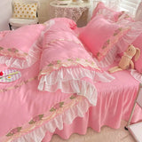 Triogift Princess Wedding Bedding Set Luxury Floral Chiffon Ruffles Quilt Cover Bed Skirt Sheet and Pillowcase for Girls Woman Bedclothes