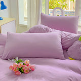 Triogift INS Purple Solid Color Bedding Sets High Quality Washed Cotton Duvet Cover with Soft Bed Sheets Pillowcase Girls Kids Bedclothes