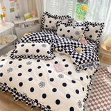 Triogift Polka Dot Kawaii Checkered Ruffle Bedding Set