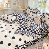 Triogift Polka Dot Kawaii Checkered Ruffle Bedding Set