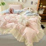 Triogift Kawaii Pastel Plaid Ruffle Bedding Set