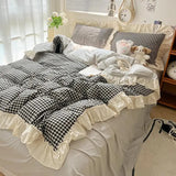 Triogift Kawaii Pastel Plaid Ruffle Bedding Set