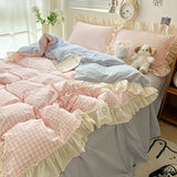 Triogift Kawaii Pastel Plaid Ruffle Bedding Set