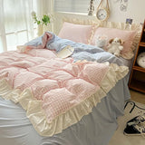 Triogift Kawaii Pastel Plaid Ruffle Bedding Set