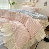 Triogift Kawaii Pastel Plaid Ruffle Bedding Set