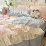 Triogift Kawaii Pastel Plaid Ruffle Bedding Set