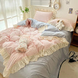 Triogift Kawaii Pastel Plaid Ruffle Bedding Set