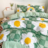 Triogift Light Green Checkered Daisies Bedding Set