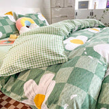 Triogift Light Green Checkered Daisies Bedding Set