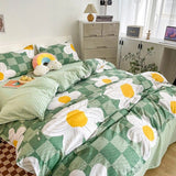 Triogift Light Green Checkered Daisies Bedding Set