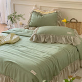 Triogift French Aesthetic Silky Satin Ruffle Bedding Set