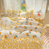 Triogift Yellow Flowers Kawaii Checkered Bedding Set