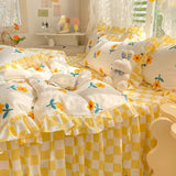 Triogift Yellow Flowers Kawaii Checkered Bedding Set