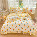 Triogift Yellow Flowers Kawaii Checkered Bedding Set