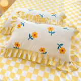 Triogift Yellow Flowers Kawaii Checkered Bedding Set