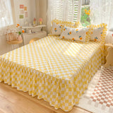 Triogift Yellow Flowers Kawaii Checkered Bedding Set