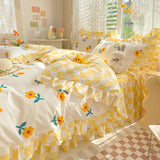 Triogift Yellow Flowers Kawaii Checkered Bedding Set